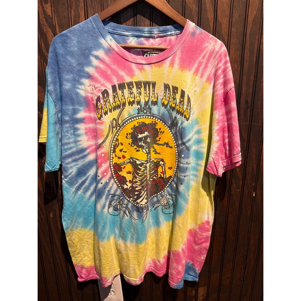 Grateful Dead Bertha Skeleton Roses Tie Dye Graphic T-Shirt Blue Pink Yellow XL